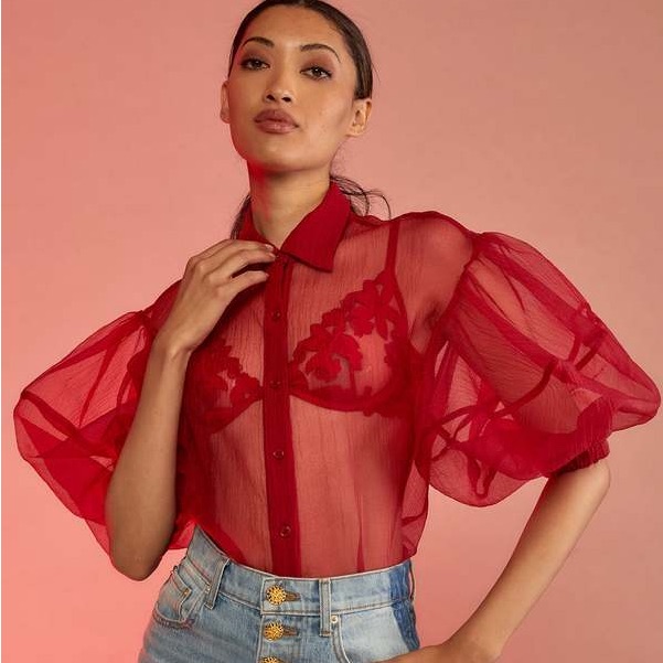 Cynthia Rowley Puff-Sleeve Organza Blouse Nwt Sz 6